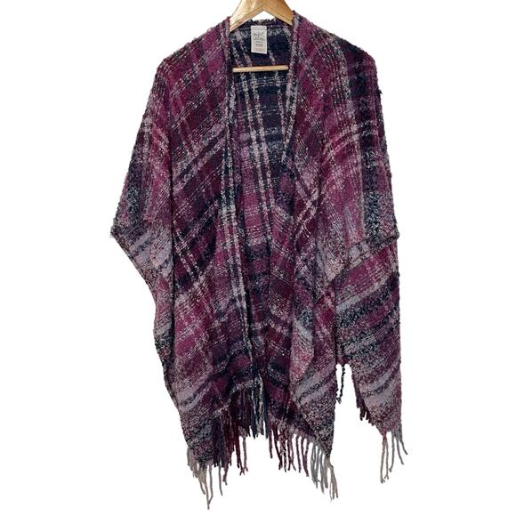 Woolrich Plaid Textured Cape OS Womens Pink Purple Fringe Shawl Open - Picture 1 of 7